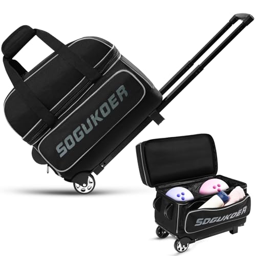 2 Bowling ball Bag with Wheels, Lightweight Trolley Double Ball Bowling bag with Large Separate Shoe Compartment and Oversized Accessory Pocket, Retractable Handle Extends To 39.5" - color: Black & Grey