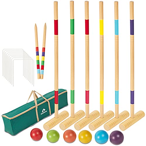 ApudArmis 35In Six Players Croquet Set with Deluxe Premiun Pine Wooden Mallets,Colored Ball,Wickets,Stakes - Lawn Backyard Game Set for Adults/Teens/Family (Large Carry Bag Including) - size: 35'' Deluxe