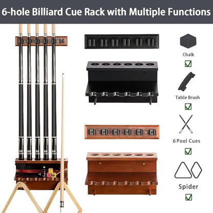 SUPERDIAMOND Hardwood Pool Cue Rack Wall Mount, 6 Pool Stick Holder with Accessory Storage Shelf & Triangle Hooks, Adjustable 2-Piece Space Saving Billiard Organizer for Game Room, Man Cave (Black) - size: 6 Cues, style: SU-wa6-Cue Racks-black2