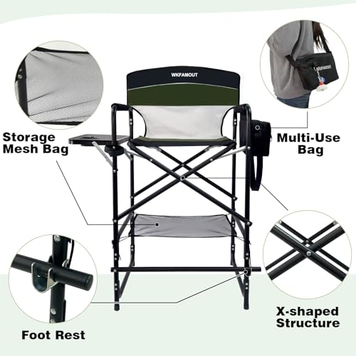 Tall Folding Director Chair 30.7" Seat Height Foldable Bar Stool for Makeup Artist Face Painting with Side Table Carry Bag and Cosmetic Bag Supports 250LBS - color: Olive