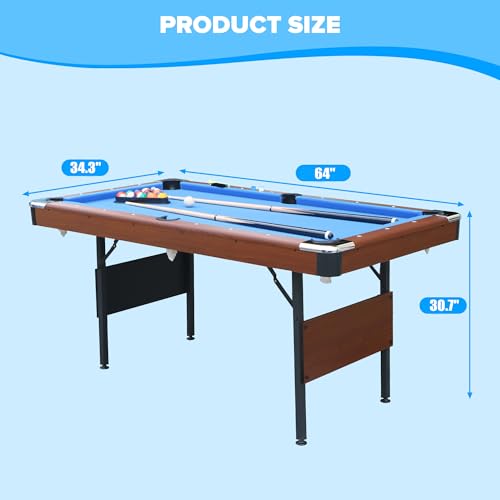 Ditkoko Billiard Table, 64" Folding Pool Table with with Balls, Cues, Chalk, Brush and Triangle, Pool Table Set for Family Game Room, Adult Rrec Room, Basements, Man cave or Garage - color: Blue & Brown