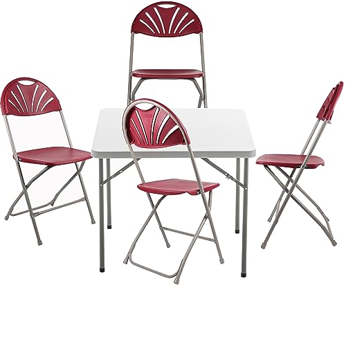 BTEXPERT 5 Piece Folding Card Table Portable and Chair Set, 34" Square Granite White Plastic Table Portable, 4 Adult Floral Red Chairs for Board Games Nights Gatherings Party Home Indoor Outdoor - color: Red, size: 5 Piece Set - Flower Style Back Chair