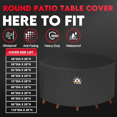 Zettum Round Patio Table Cover 58 Inch - 600D Outdoor Furniture Cover Round Waterproof & Heavy Duty, Lawn Furniture Set Covers for Outside Dining Table and Chairs Seating Combo - 58 x 58 x 28 Inch - size: 1) Round - 58"D x 28"H