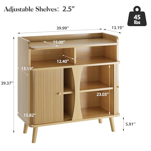 Decofy 39" Buffet Sideboard Cabinet, Mid Century Modern Console Cabinet with Roller Shutter Sliding Doors & Adjustable Shelves for Kitchen Cabinets, Living Room, Entryway, Coffee Bar Cabinet (Oak) - color: Oak