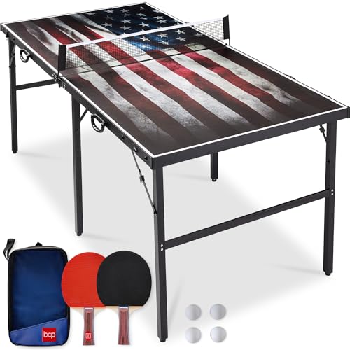 Best Choice Products Portable Ping Pong Table, Mid-Size Folding Indoor Outdoor Table Tennis w/ 2 Paddles, 4 Balls Included, Carrying Bag - color: American Flag