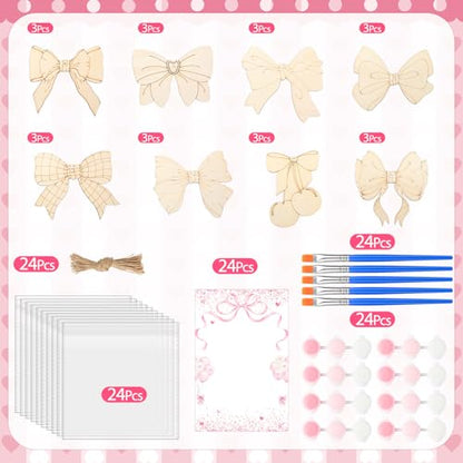 Saypacck 24 Pcs Pink Bow Party Favors Wooden Painting Craft Kits Birthday Party Supplies with Organza Bag for Goodie Bags Fillers Adult Thank You Gifts - style: Bowknot Style