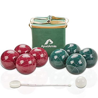 ApudArmis 107mm Bocce Balls Set, Outdoor Tournament Bocce Game for Backyard/Lawn/Beach - Set of 8 Poly-Resin Balls & 1 Pallino & Nylon Carrying Case & Measuring Rope (Red and Green)