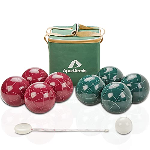 ApudArmis 107mm Bocce Balls Set, Outdoor Tournament Bocce Game for Backyard/Lawn/Beach - Set of 8 Poly-Resin Balls & 1 Pallino & Nylon Carrying Case & Measuring Rope (Red and Green)