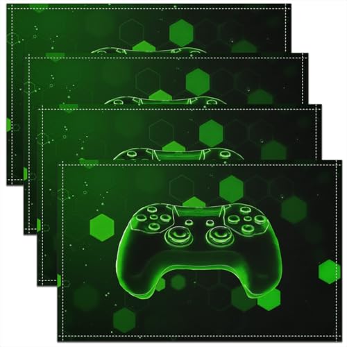 Erosebridal Gamer Boys 4 PCS of Placemats 12x18 Video Game Place Mat for Dining Table Geometric Lights 3D Neon Non Slip Table Mats Green Hexagon Spots - color: Green