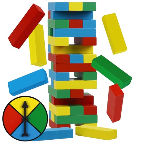 Funwares Rainbow Stack Wooden Blocks Stacking Game, Tumbling Tower & Balance Game, Family & Party Fun, Ages 6+, Color Spinner-Based Twist on Classic Stacking Games