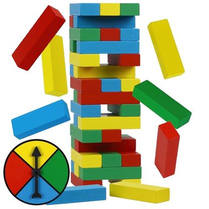 Funwares Rainbow Stack Wooden Blocks Stacking Game, Tumbling Tower & Balance Game, Family & Party Fun, Ages 6+, Color Spinner-Based Twist on Classic Stacking Games