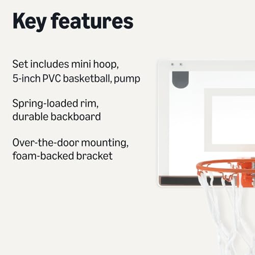 Amazon Basics Mini Indoor Basketball Hoop, Over The Door Backboard and Rim, Includes 5-inch PVC Basketball and Pump, 18" x 12"