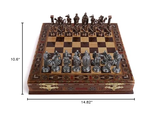 Medieval British Army Antique Copper Metal Chess Set for Adults,Handmade Pieces and Natural Solid Wooden Chess Board with Storage Inside King 3.35inc