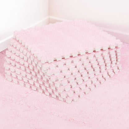 ANPHSIN 12 pcs Thickened Foam Interlocking Floor Mats, Fluffy Plush Mats for Baby with Edgings, Soft Anti-Slip Puzzle Area Rug Playmat, Square Tiles Room Flat (11.8 in, Pink) - color: Pink