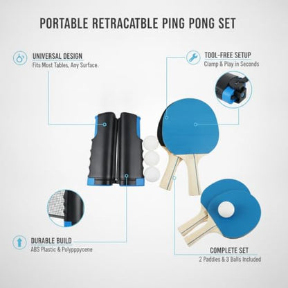 Portable Retractable Ping Pong Net Set with 2 Rackets & 3 Balls, Tool-Free Clamp for Any Flat Table - color: Black