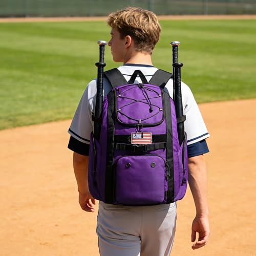 Goloni Baseball Bag, 60L Capacity Softball bag Holds 4 Bats for Youth & Adult, Baseball Bat Backpack with Shoes Compartment,Helmet Holder,Fence for Hook T-Ball, Softball Equipment, Baseball Gear - color: Purple