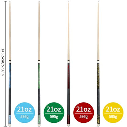 Kmise Pool Cue Stick Set of 4 - Canadian Maple Professional Pool Cues, New Upgraded Irish Linen Wire Grip, 18-21oz, 4 Colors Optional (Blue, Green, Red, Yellow, 21oz)