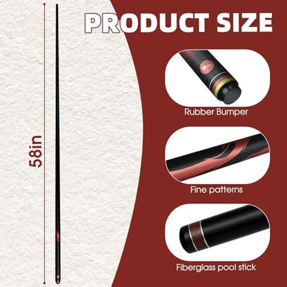 HMQQ 58" One Piece Fiberglass Pool Cue Stick Set of 4, 21oz Warp-Resistant Billiard Cues with Leather Tip, Premium Matte Finish Bar Pool Sticks for House Use, Red & White - color: Red