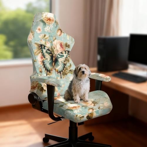 Suobstales Butterfly Flower Pattern Jacquard Gaming Chair Slipcover, Stretch Computer Chair Cover with Armrest Covers Cat Scratch Proof Desk Chair Cover for Office Desk Chair - color: Butterfly Flower