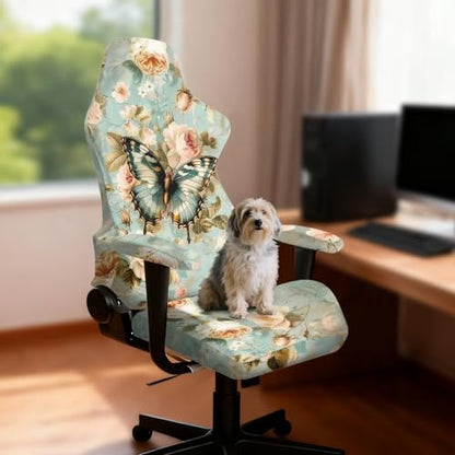 Suobstales Butterfly Flower Pattern Jacquard Gaming Chair Slipcover, Stretch Computer Chair Cover with Armrest Covers Cat Scratch Proof Desk Chair Cover for Office Desk Chair - color: Butterfly Flower