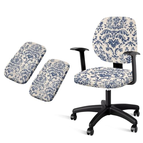 Blue Floral Desk Chair Cover Stretchable 4-Piece Set Washable Breathable Office Chair Seat Covers and Chairs Arm Rest Pads for Home and PC Gaming Chairs - color: Blue Floral