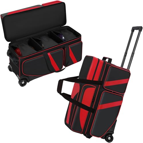 3 Ball Bowling Roller Bag with Smooth Wheels & Shoe Compartment, Heavy Duty 3 Ball Bowling Bag with Retractable Handle, Large Capacity Bowling Bag with Multi-pockets for Tournament, Travel, League - color: Red