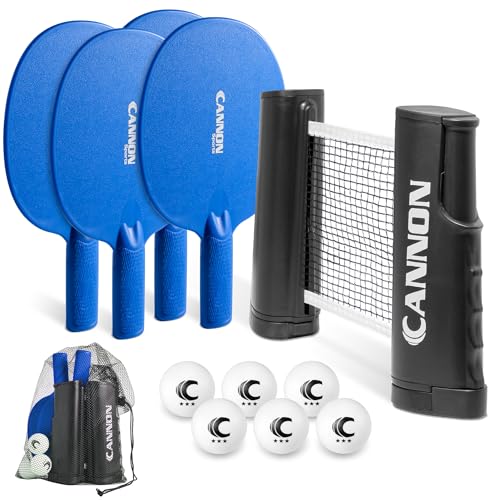 Cannon Sports Table Tennis Set – 4 Unbreakable Paddles, 6 3-Star Balls, Retractable Net & Carry Bag – Clamp-On Portable Ping Pong Net Fits Tables up to 2 Inch Thick, Extends to 6 Feet - color: Blue