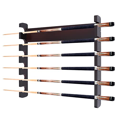 6 Hole Billiards Snooker Cue Rack, Sycamore Wood, Dark Brown, Wall Mounted, Horizontal Storage, 58 x 6 x 58cm - style: style 11