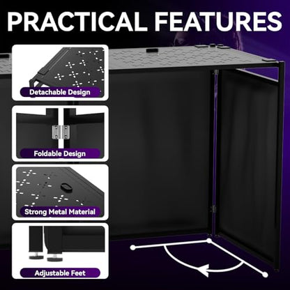 Portable DJ Booth Table,56''x28" Foldable DJ Table Stand Portable with White & Black Scrim,Adjustable D J Facade Tabl e Station Metal Frame D J Tabl e with Cable Hole for Private Events, Clubs, Bars - size: 56 x 28