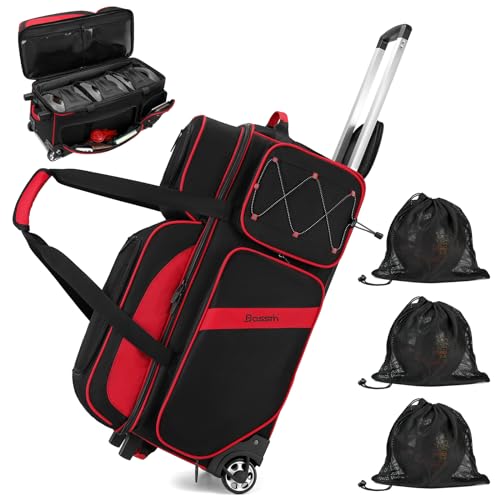 BOSSTIN 3 Ball Bowling Bags with Wheels, Secure Adhesive Fixed Ball Cup & Shoe Compartment, Bowling Ball Bag 3 Ball Roller with Multi-Pockets - color: Red