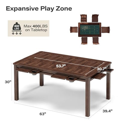 LAUSAINT HOME Board Game Table with Removable Table Top, 54” x 31” Play Area, Gaming and Dining Table with 2 Play Mats, Detachable Cup Holders and Trays for 6 Players, for Card, DND and Poker, Walnut - size: REC w/Two Mats