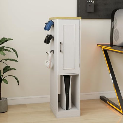 RASOO Media Cabinet, AV Media Stand Game Console Stand with Drawers Inside Media Audio Tower Rack with Hooks，Game Storage Cabinet for PS5 and Xbox