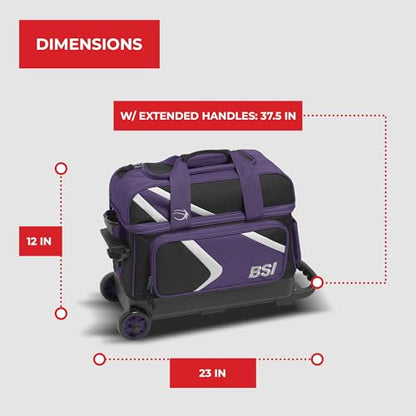BSI Dash Roller Bowling Bag with Smooth Rolling Wheels, Padded Ball Compartment, Retractable Locking Handle, & Shoe Pocket - color: Black/Purple/White, style: Double