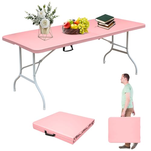 Portable 6Ft Folding Table, Heavy Duty Plastic Fold-in-Half Utility Foldable Dining Table, Multi-Purpose Plastic Folding Table with Carrying Handle for Camping and Party Indoor/Outdoor (Pink) - color: Pink, size: 6Ft