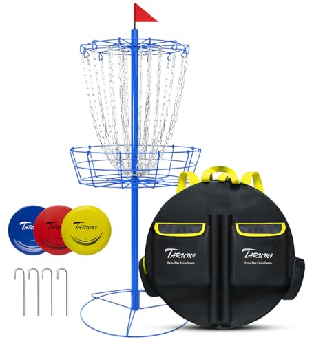TARUMG Disc Golf Basket - Portable Disc Golf Target with Heavy Duty 24-Chains Come with Transit Bag and 3pcs Disc Golf Discs, Ground Stake -Suitable for Players of All Levels - Multi Color Available - style: Basic Blue