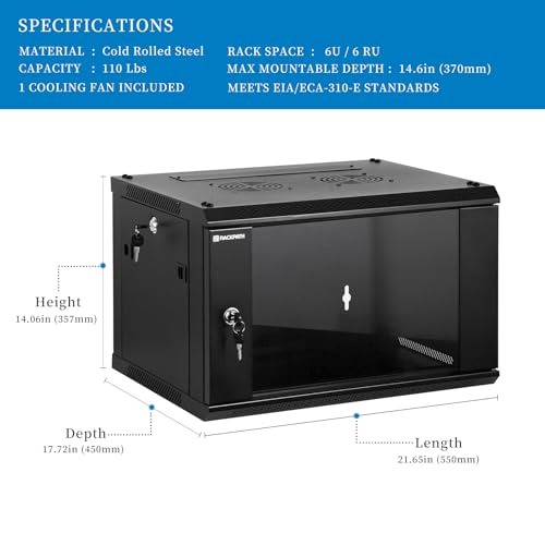 RackPath 6U Wall Mount Network Rack Cabinet – Quiet Cooling Fan, Locking Glass Door, 17.7" Deep (450mm), Removable Locking Side Panels, Fits 19" IT & A/V Equipment - size: 6U