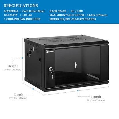 RackPath 6U Wall Mount Network Rack Cabinet – Quiet Cooling Fan, Locking Glass Door, 17.7" Deep (450mm), Removable Locking Side Panels, Fits 19" IT & A/V Equipment - size: 6U