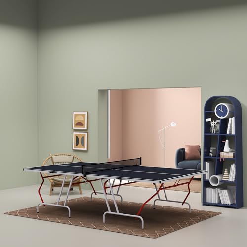 GOWE Full Size Ping Pong Table, Folds into Quarters, Portable Table Tennis Table with Net, Paddles, Balls, MDF, Charcoal Gray