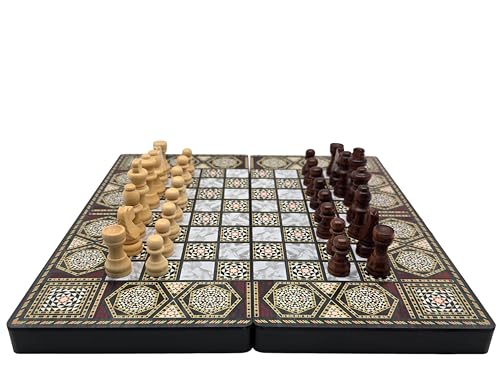 Wooden 3 in 1 Chess Checkers Backgammon Board Game Set, 12 Inch Portable Folding Chess Board, Portable Travel Chess Set for Adults Kids Family Game Night Gift（Non-Magnetic）