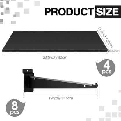 Barydat 4 Sets 23.6 x 11.8 Inch Slatwall Shelves with Metal Brackets Set Heavy Duty Slat Wall Knife Shelf Bracket Accessories Wall Organizer for Garage and Retail Display, Black