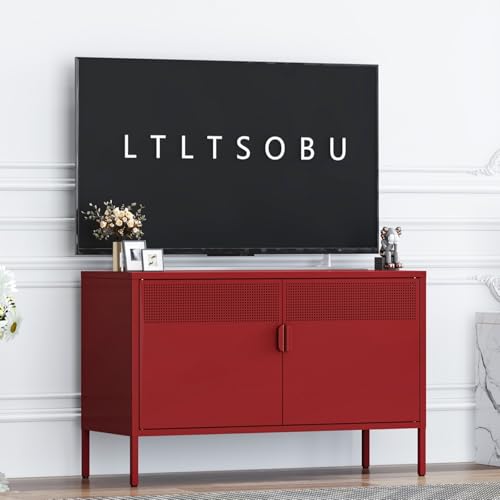 Metal Storage Locker Cabinet with 2 Doors & Adjustable Shelves, 25" Red Accent Furniture, Multipurpose Office or TV Stand for Home Entryway,Living Room - color: Red, size: 25H