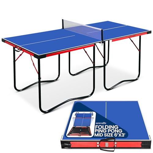 SereneLife Midsize Foldable Ping Pong Table Set with Net, Clipper, Post - 6' x 3' Portable Space-Saving Design, Blue