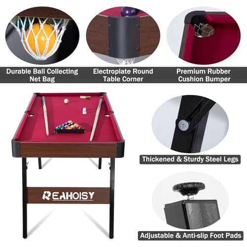 Folding Pool Table, Portable Billiard Game Tables for Kids and Adults, Mini Pool Table with Locking Legs, Adjustable Feet, Balls, Cues, Triangle, Chalk, Brush - color: 54-inch/Red