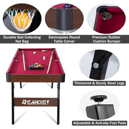 Folding Pool Table, Portable Billiard Game Tables for Kids and Adults, Mini Pool Table with Locking Legs, Adjustable Feet, Balls, Cues, Triangle, Chalk, Brush - color: 54-inch/Red