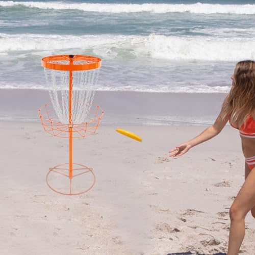 24 Chain Portable Disc Golf Basket, Freestanding Iron Disc Golf Goal with Ground Stakes, Discs Golfs Training Stand & Practice Basket for Backyards, Parks, Campsites (Orange)