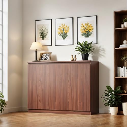 holzart 43" Walnut Brown Buffet Cabinet Sideboard with Storage - Modern 3-Door Wood Grain Kitchen Cupboard & Coffee Bar Station for Dining Room, Living Room - Adjustable Shelf, 43.3" W x 31.5" H - color: Brown