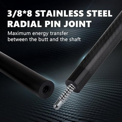 Carbon Fiber Pool Cue Stick, 12.4mm 8-Layer Tip Low Deflection Pool Cue Professional Pool Sticks for Adults with Pro Taper Cue Shaft 3/8 x 8 Joint Pin - color: Black with Extension