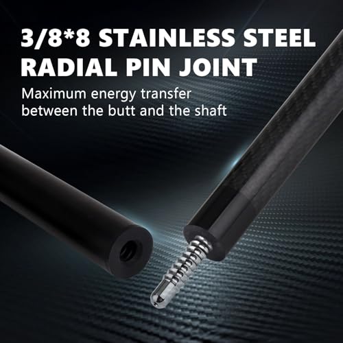Carbon Fiber Pool Cue Stick, 12.4mm 8-Layer Tip Low Deflection Pool Cue Professional Pool Sticks for Adults with Pro Taper Cue Shaft 3/8 x 8 Joint Pin - color: Black