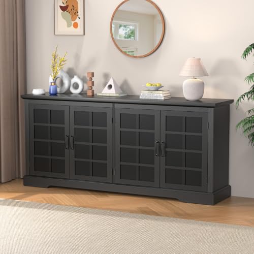 Bigbiglife 70.2" Wood Buffet Cabinet, Farmhouse Buffet Sideboard Cabinet with 4 Doors and Adjustable Shelves, Coffee Bar Wine Bar Storage Cabinet for Kitchen, Living Room, Black - color: Black
