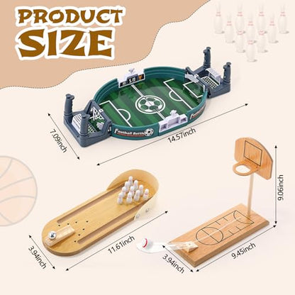 Soulchen Sports Table Top Game Set Mini Tabletop Wooden Bowling, Wooden Basketball, Plastic Soccer Set Office Desk Toy Decor Gag Fun Soccer Football Competition Party Favors Gifts